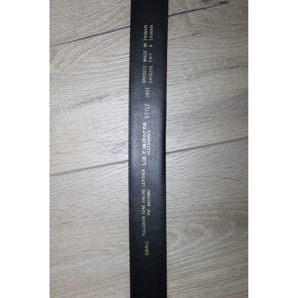 VTG Liz Claiborne Black Leather Belt Gold Ribbed Round Buckle Size Small